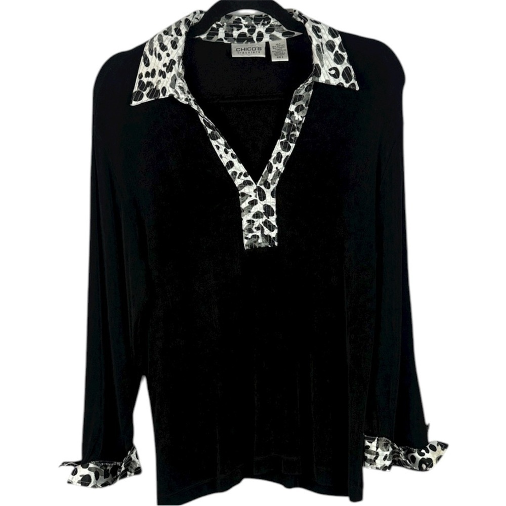 Chico's Stretch Black White Satin Leopard Cheetah Print Cuffs Collar Large Top